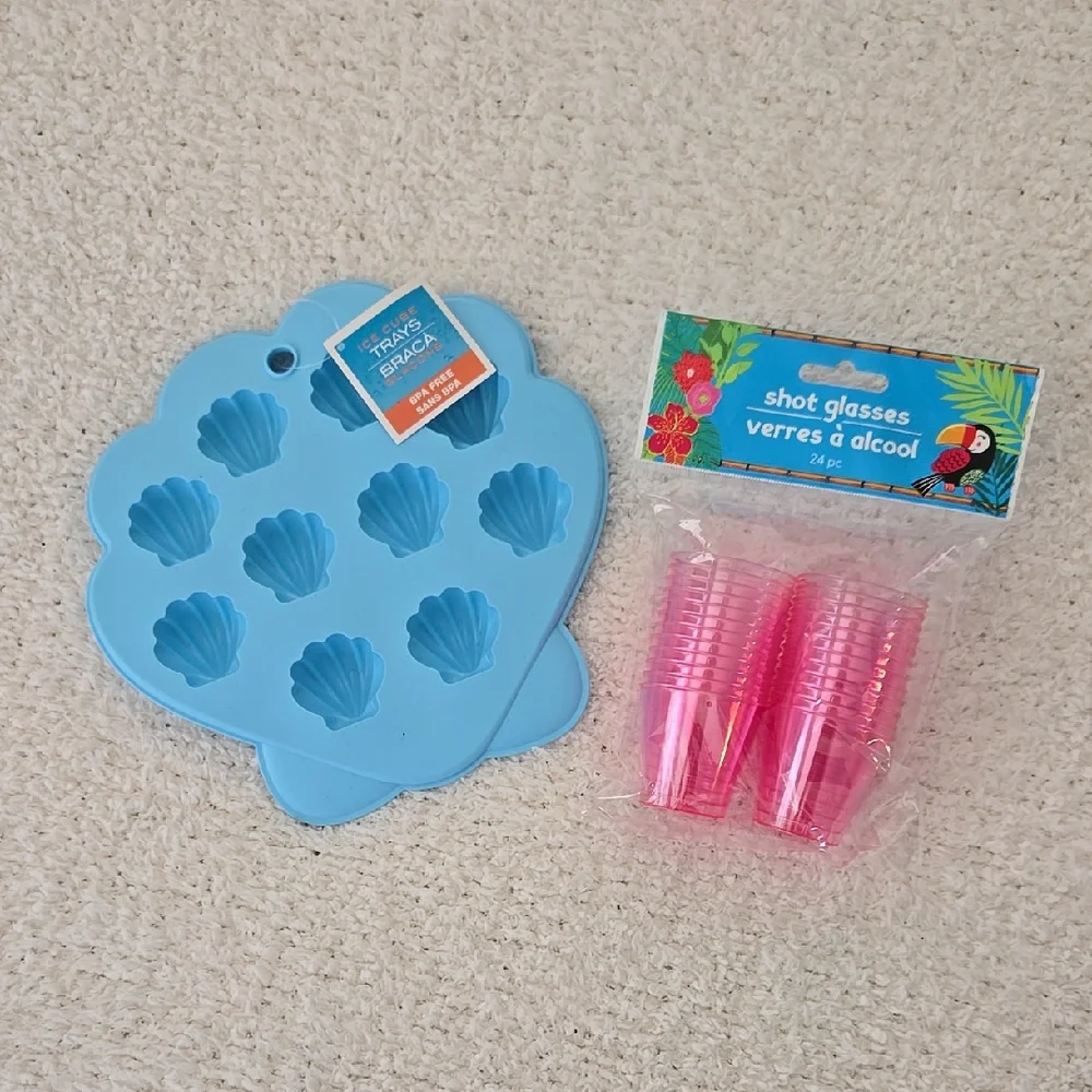 NEW Blue Shell-Shaped Ice Tray and Pink Shot Glasses Set